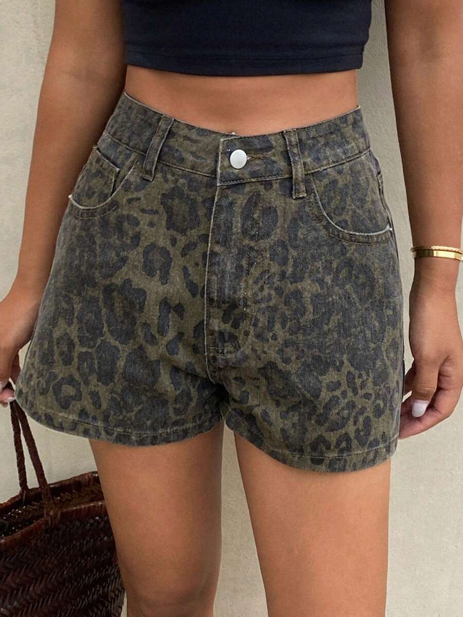 DAZY Women's Leopard Print Casual Denim Shorts - Army Green - View 1