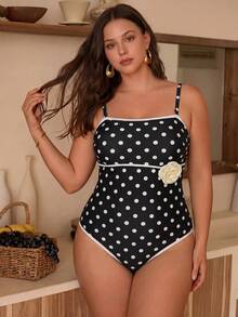 Swim Chiccia Plus Size Women Polka Dot Floral Decor One-Piece Swimsuit - Black and White - View 9