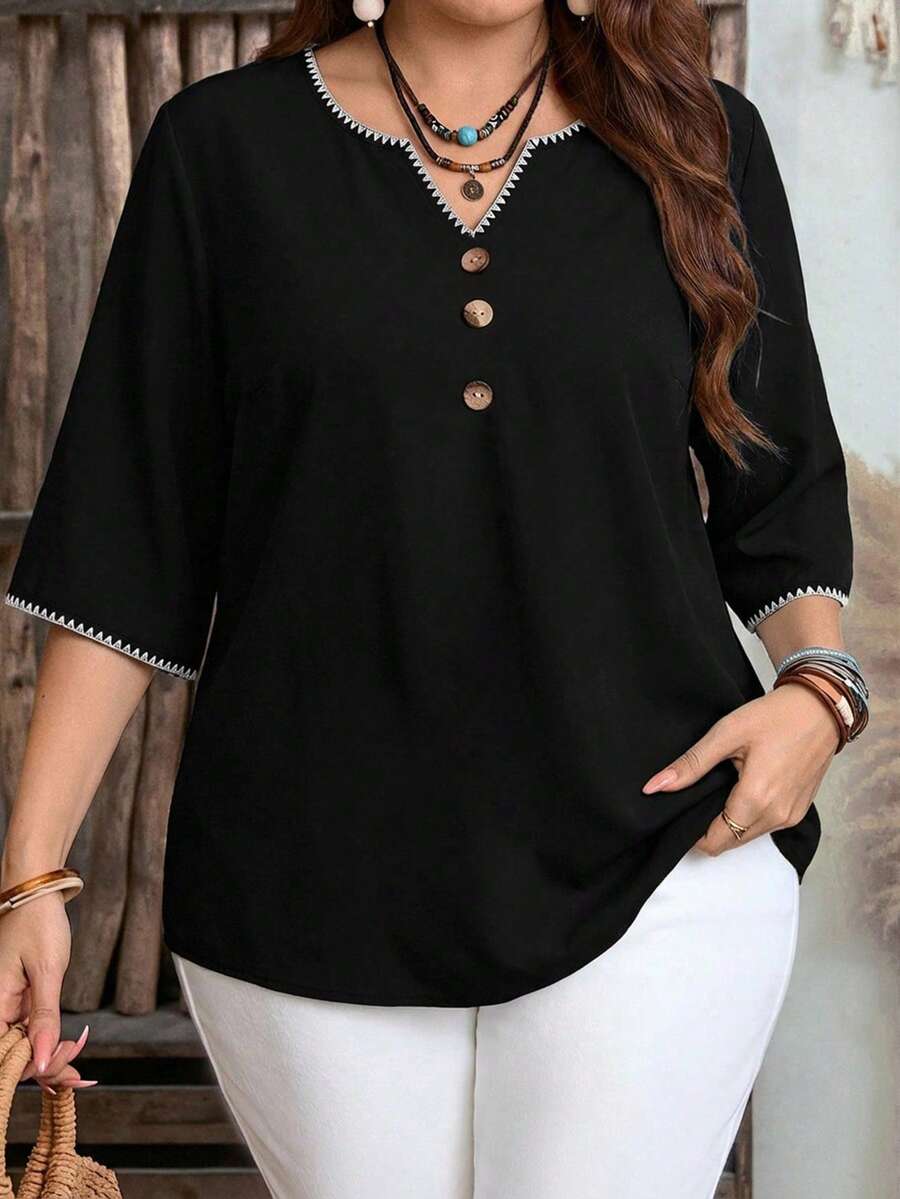 EMERY ROSE Casual Minimalist Style Black Shirt With Shell Embroidery Contrast Color Decor, Versatile For Spring/Summer,Summer Top - Multicolor - View 1