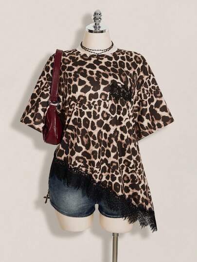 SHEIN ICON Camiseta holgada de talla grande para mujer con estampado de leopardo, contraste de encaje y bajo asimétrico, para uso casual y vacaciones de verano