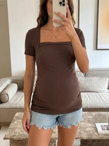 SHEIN Maternity Casual Solid Color Square Neck Fitted Short Sleeve T-Shirt, Summer - Brown - View 10