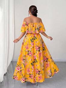 Elenzga Plus Size Women's Yellow Summer Boho Vacation Holiday Floral Print Off-Shoulder Ruffle Hem Waist Pleated Maxi Dress, Dates Travel Outing - Multicolor - View 2