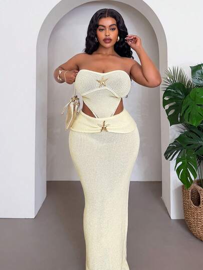 Veslaya Vestido de tubo de punto transparente con decoración de estrella de mar para mujer de talla grande, adecuado para festivales de música, playa, cumpleaños, aniversario, temporada de graduación, primavera/verano