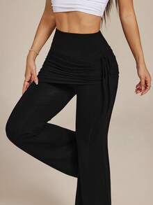 SHEIN PETITE Quần yoga 2 trong 1 màu đen co giãn dành cho nữ, có gấu váy xếp ly, ống loe, mùa xuân 2026. - màu đen - Xem 7