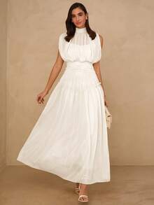 Enchnt Đầm chiffon không tay cổ tàu màu trơn, lưng xếp ly. - trắng - Xem 7