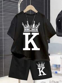 2pcs Tween Boys Casual Minimalist Round Neck Short Sleeve Shorts Set, Classic King Crown Print, Suitable For Summer Holiday Black - Black - View 2