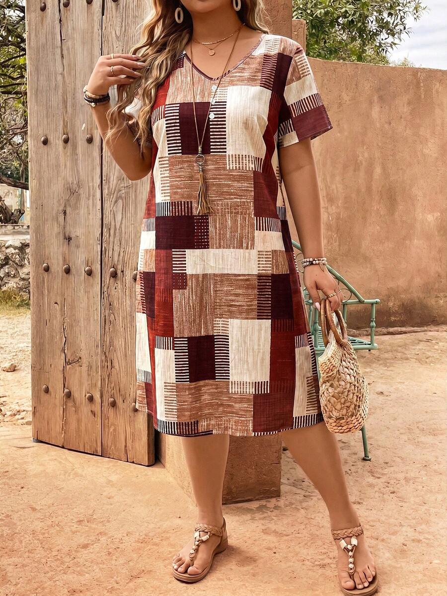 EMERY ROSE Plaid Patchwork Print V-Neck Button Decor Plus Size Dress - Purple - View 1