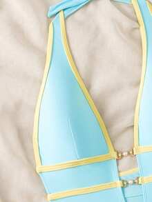 Swim Chiccia Áo tắm liền thân gợi cảm cổ chữ V sâu màu đen SXY dành cho nữ, phong cách lễ hội Boho, thích hợp cho kỳ nghỉ xuân. - Xanh da trời - Xem 4