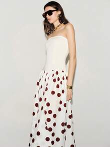 Lumivelle Summer New Women Strapless Backless Polka Dot Floral Dress - White - View 5