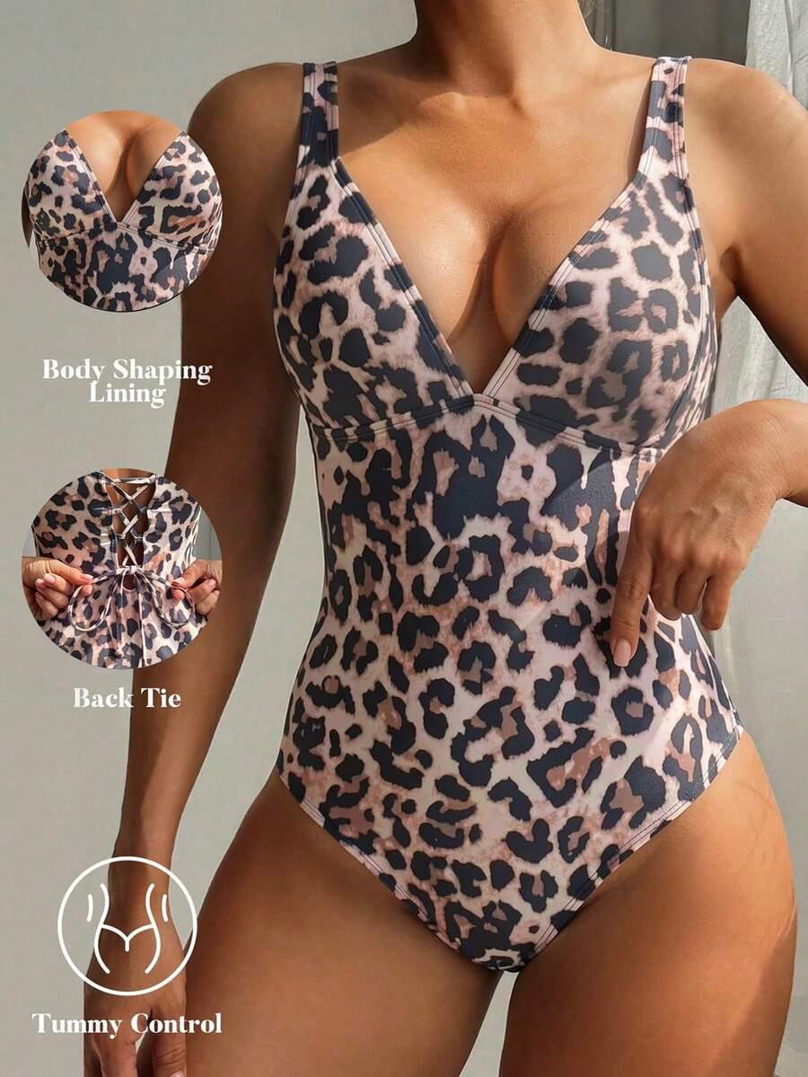 Shapewave Áo tắm liền thân nữ họa tiết da báo, kiểu dây chéo, thích hợp cho kỳ nghỉ. - Nhiều màu - Xem 1