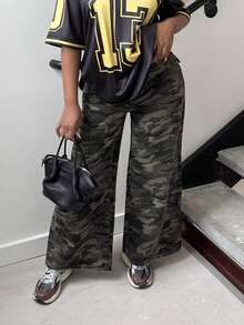 Alexandranx 女式宽松迷彩直筒牛仔裤，带口袋 - 軍綠色 - 查看 5