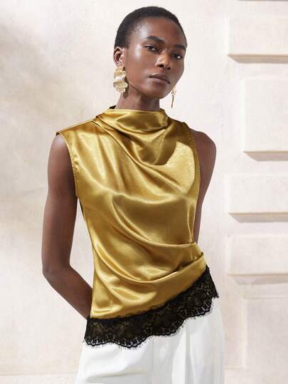Aveloria Modichic Gold Mustard Yellow Satin One Shoulder Asymmetric Lace Trim Blouse, Draped Pleated Design, Vintage French Elegant For Party, Work, Casual, Vacation