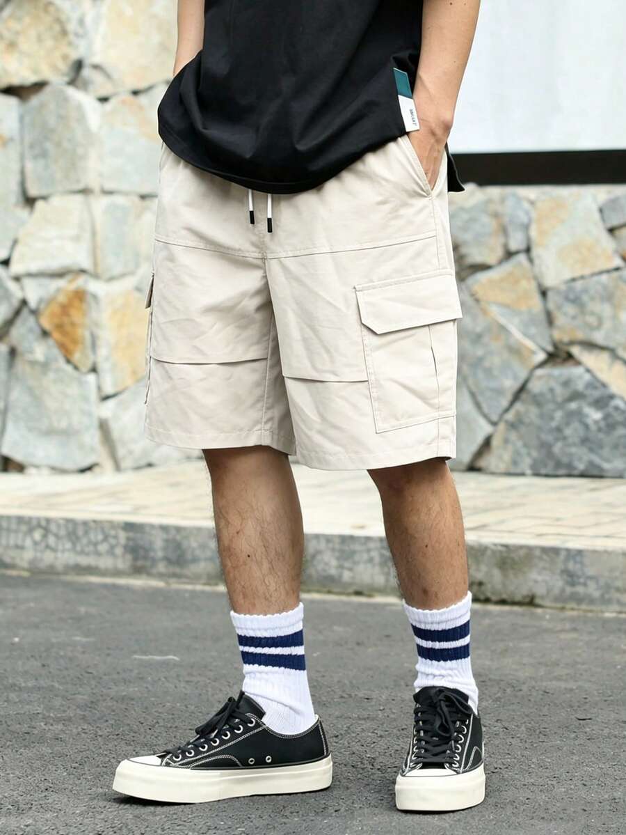 Manfinity Roghcode 男士白色抽绳腰宽松休闲短裤,男士多口袋工装短裤 - 米色 - 查看 1