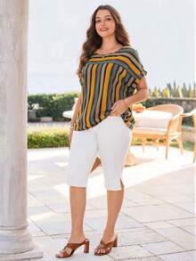 Rosumi Damen Große Größen Sommer Lässig Urlaub gestreifter Patchwork Rundhals Kurzarm Bluse - Verschiedenfarbig - Übersicht 7