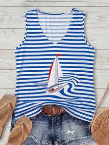 Comfylo Camiseta de tirantes de cuello redondo con estampado de barco a rayas para mujer de talla grande - Multicolor - Ver 1