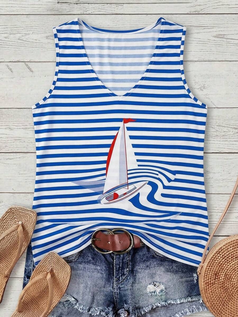 Comfylo Camiseta de tirantes de cuello redondo con estampado de barco a rayas para mujer de talla grande - Multicolor - Ver 1