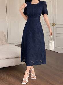 DAZY Vestido de verano de media longitud con cuello redondo, mangas de pétalo y encaje floral elegante para mujer - Azul Marino - Ver 5