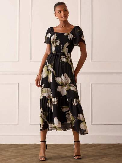 Lilora Elegantes neues bedrucktes Mittellang-Kleid für Damen, vielseitiges, anmutiges Hochmodekleid, geeignet für den Arbeitsweg, Freizeitausflüge, Zusammenkünfte, Dates, Partys, Lässig, Ausflüge, Feiertage, Urlaub, Sommersaison