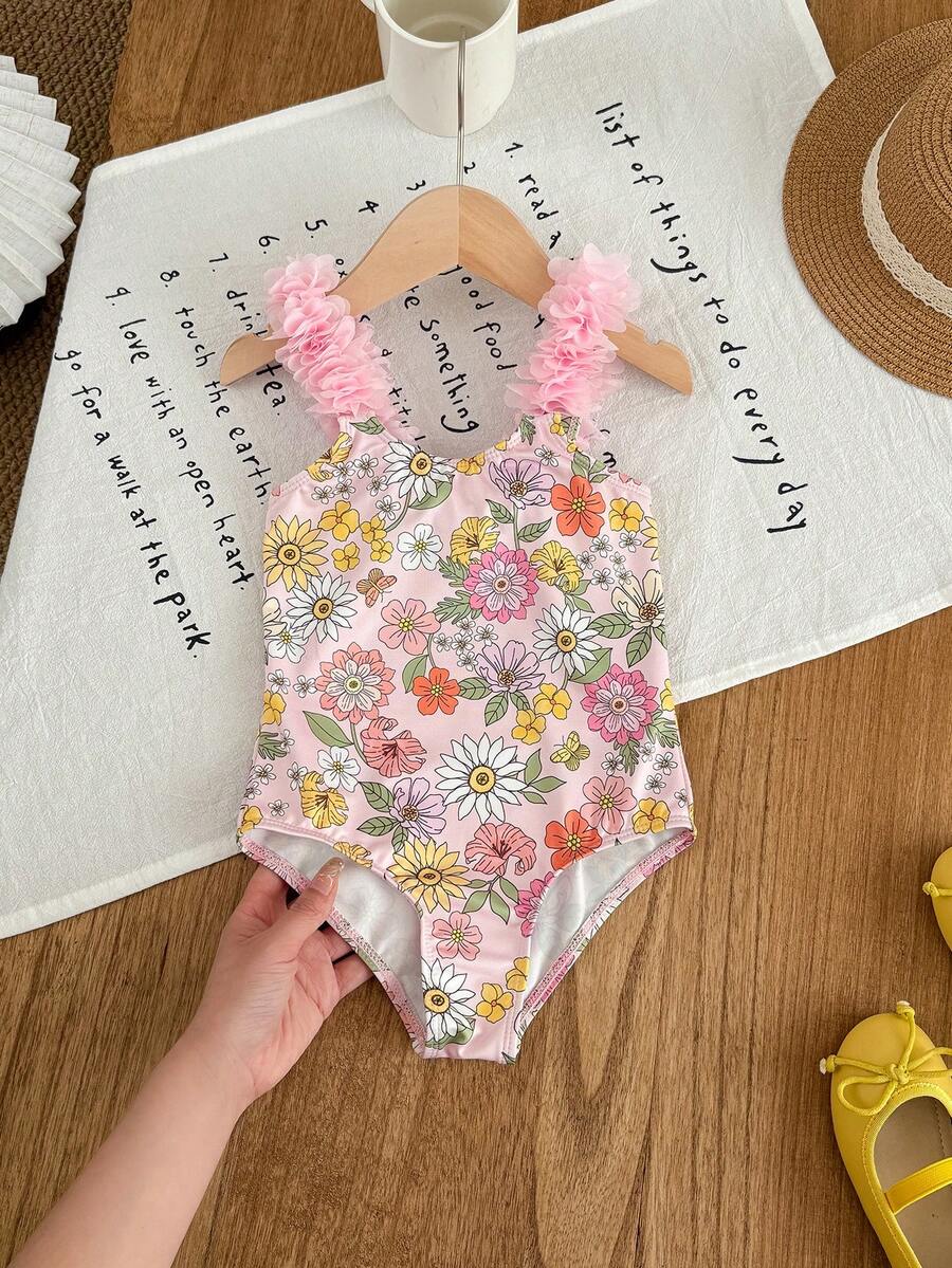 Emery Rose Kids Emery Rose Kids 女童針織條紋蝴蝶結設計3D花卉連身泳衣 女童花卉印花泳衣 女童條紋泳衣 連身泳衣 女童粉色連身泳衣 女童泳衣，兒童 - 淺粉色 - 查看 1