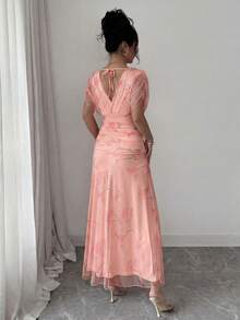 Elenzga 女士浅粉色网纱印花牡丹花卉长裙，带衬里，适合20-35岁以上女性出席正式晚宴、婚礼、情人节约会（随机花卉图案） - 橘色 - 查看 2
