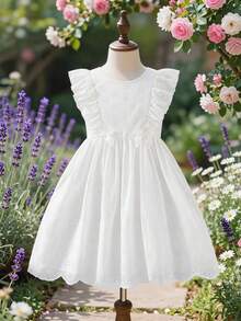 Elladie kids 1件女童夏季新款韩版刺绣面料圆领后拉链前褶皱蝴蝶结装饰宽松下摆白色简约田园度假百搭公主裙 - 米色 - 查看 2
