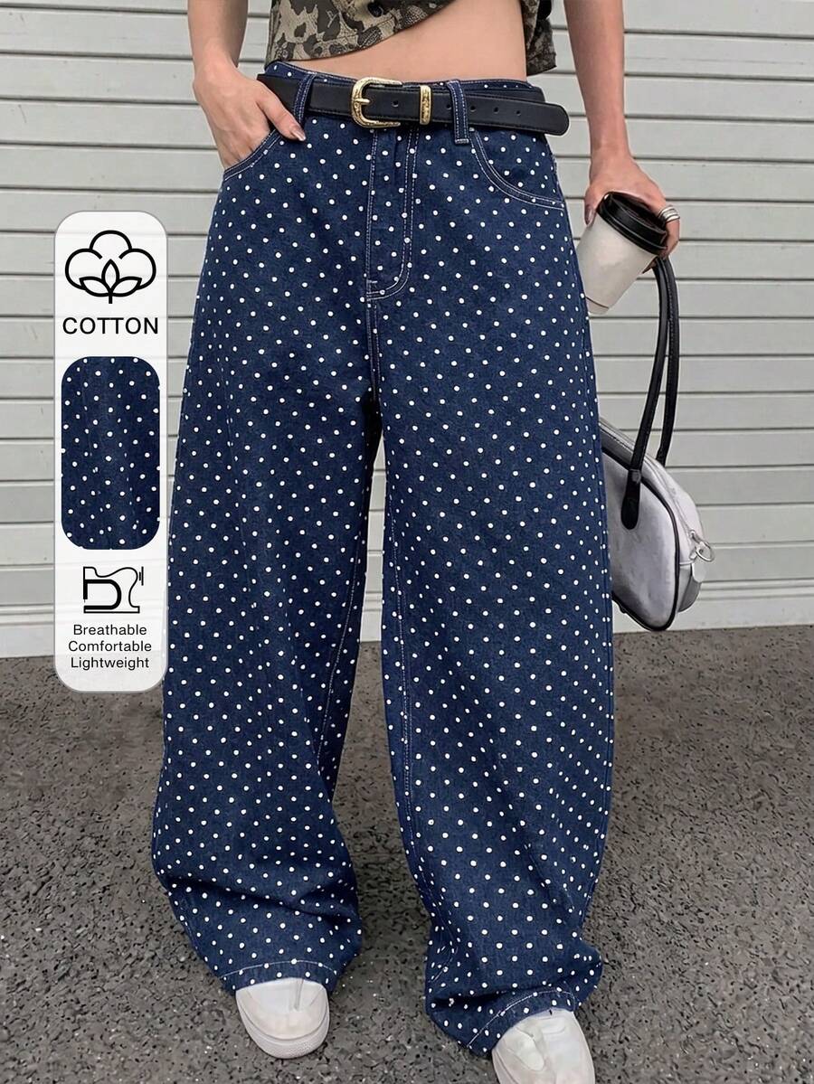 FRIFUL Jeans de pierna ancha con estampado de lunares sueltos y casuales para mujer - Azul - Ver 1