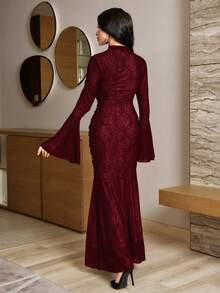 Modelyn Women's Elegant Sheer Mesh Ruffle Sleeve Fitted Fishtail Hem Dress, Suitable For Spring & Autumn - Burgundy - View 9