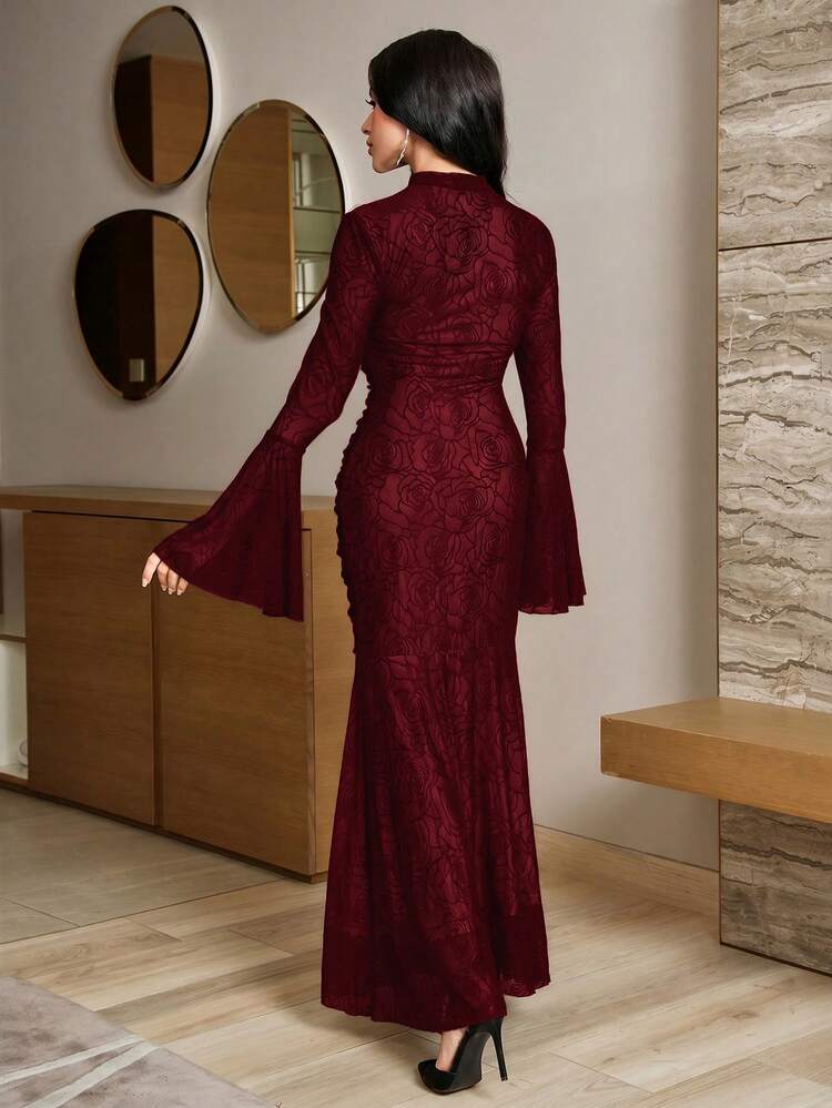 Modelyn 女士优雅薄纱荷叶袖修身鱼尾连衣裙，适合春秋季穿着 - 酒紅色 - 查看 8