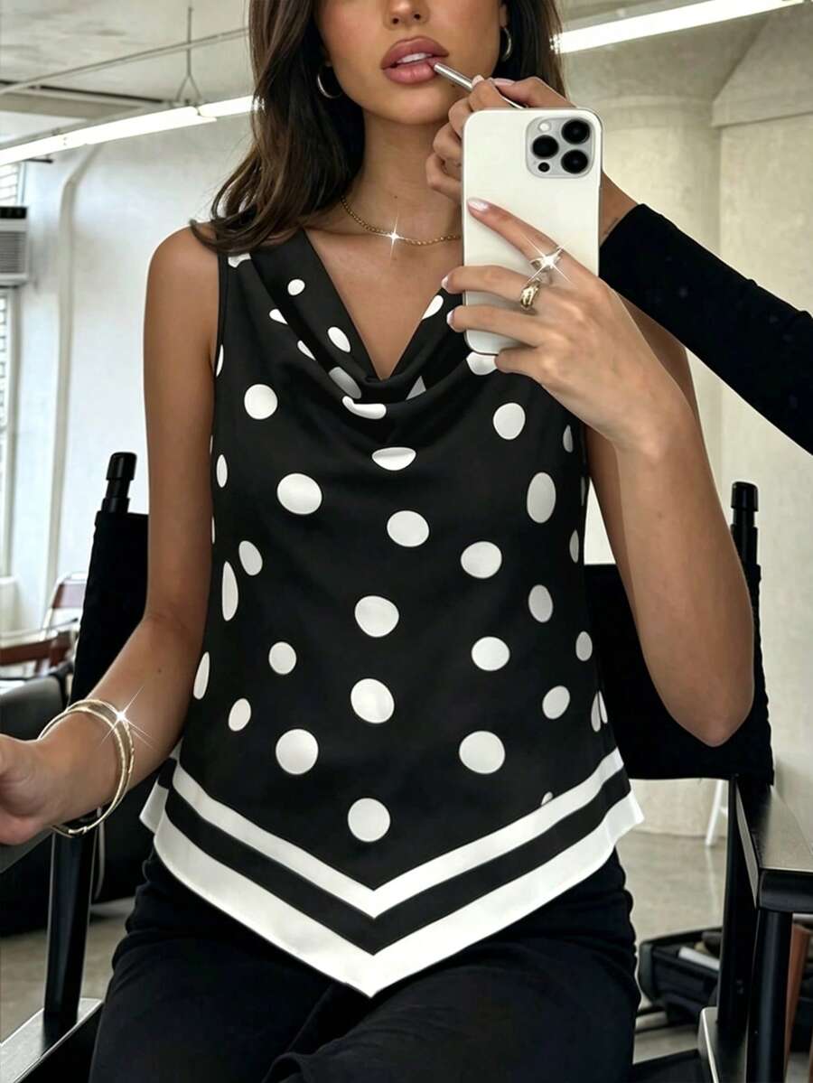 Selianne 女款 2026 夏季新款嘉年華海灘度假休閒上衣，優雅波點印花無袖垂領女式襯衫 - 黑色 - 查看 1
