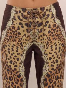 MUSERA 孔雀印花系带直筒牛仔裤，酷女孩街头风，适合冬春夏外出穿着 - 棕色 - 查看 5