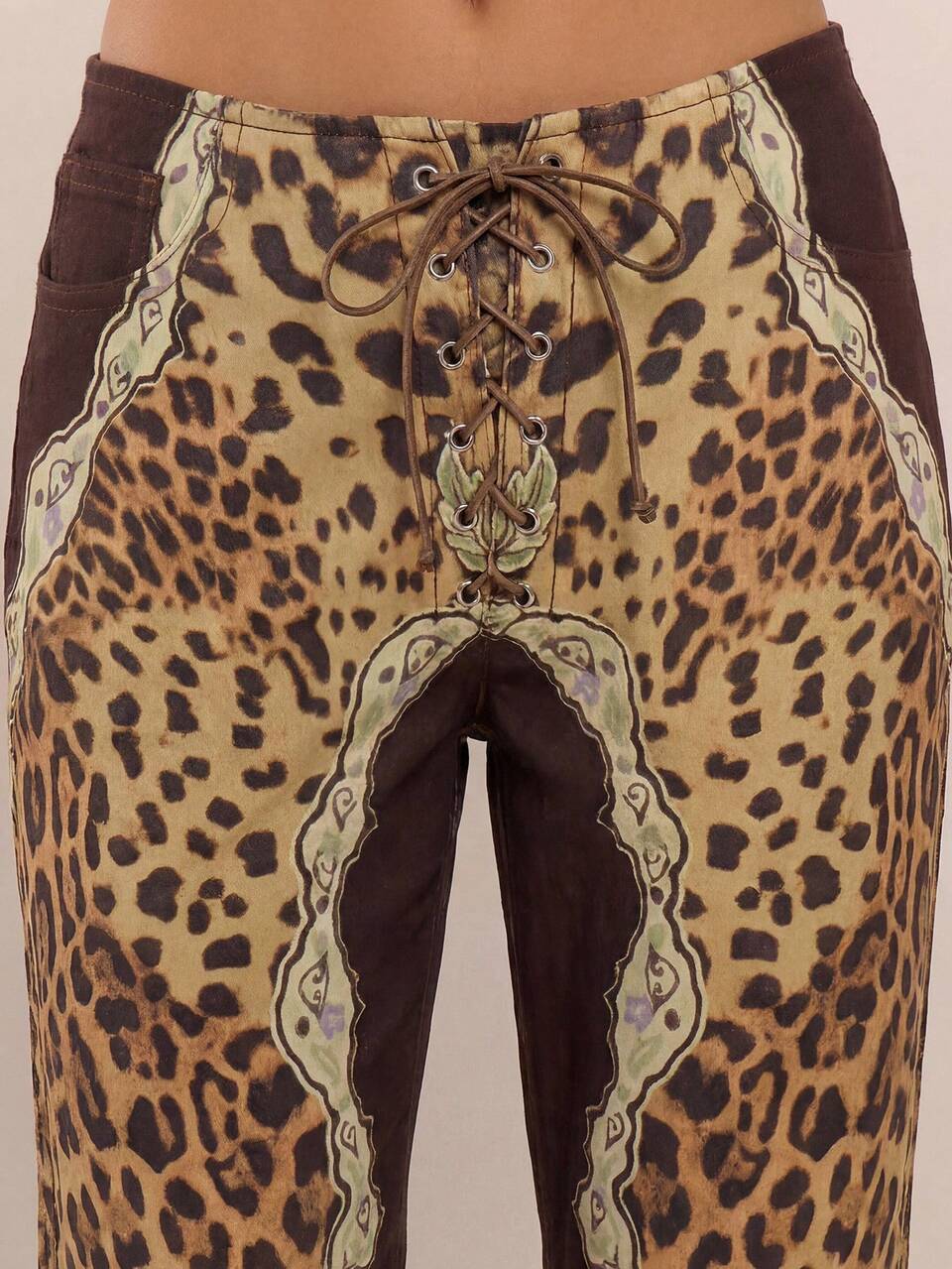 Leopard Print Lace Up Straight Leg Jeans
