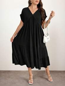 Enliva Vestido negro holgado de cuello en V para tallas grandes, para silueta de manzana y redondeada - Negro - Ver 7