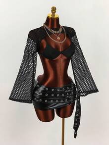 Amplova Music Festival Street Style Sexy Bra + Sheer Overlay Top For Women Golf Pastal Autumn - Black - View 7