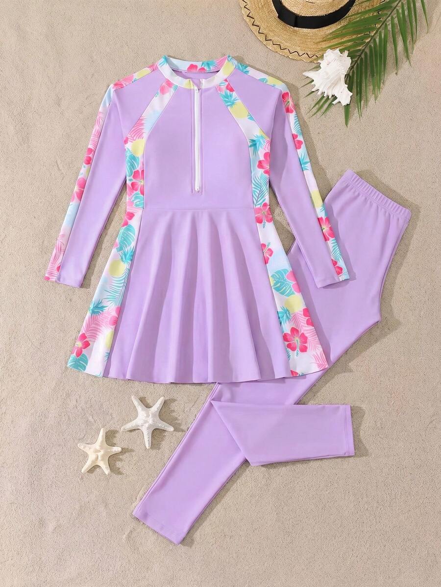 SHEIN 青少年女孩長袖葉子印花拉鍊泳衣,粉色葉子圖案泳裙與泳褲兩件式泳裝套裝,適合海灘、游泳、度假 - 淡紫色 - 查看 1