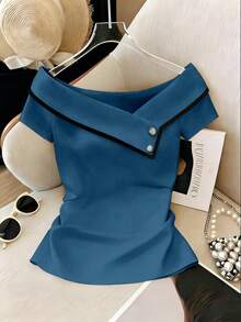 SHEIN Franclia Áo sơ mi nữ màu trơn, áo kiểu trơn, áo trắng mùa hè kiểu Maillard, phù hợp cho sinh viên đại học. - Màu xanh bụi bặm - Xem 3
