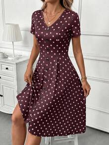 SHEIN Clasi Đầm ngắn tay cổ chữ V in họa tiết chấm bi dành cho nữ - Màu Tím - Xem 6
