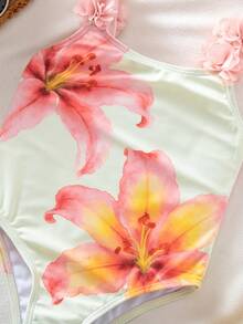 SHEIN Traje de baño de una pieza con estampado floral y volantes para niña joven - Multicolor - Ver 6