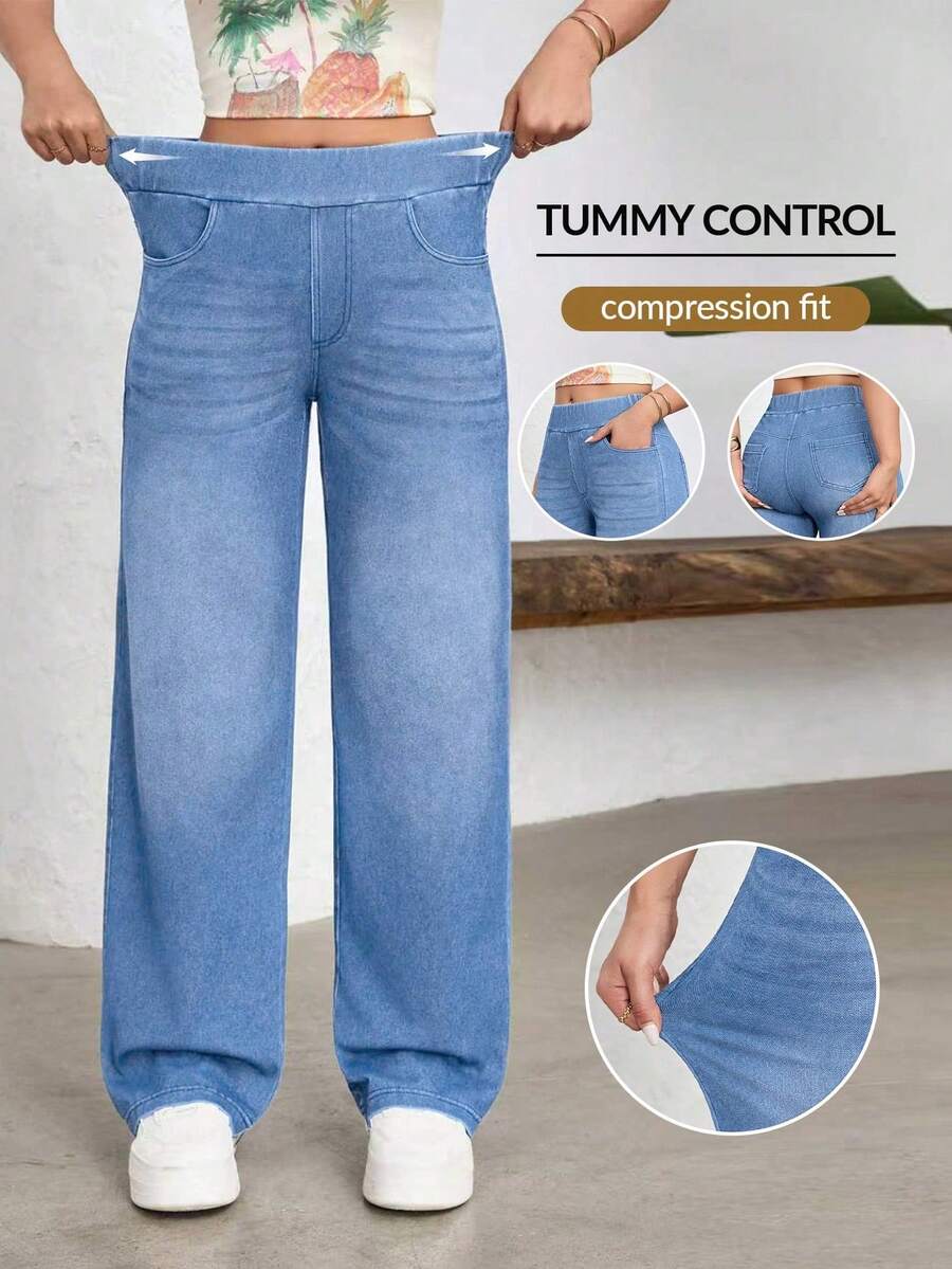 Flexra Quần jean ống rộng cạp chun co giãn dành cho nữ, kiểu dáng thể thao năng động. - Rửa nhẹ - Xem 1