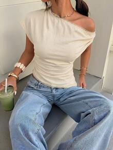 Muchica Camiseta ajustada asimétrica blanca para mujer - Albaricoque - Ver 6