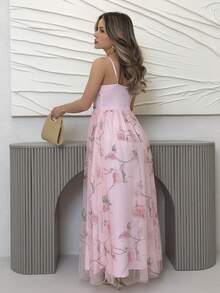 Jemour Vestido largo elegante con estampado floral de rosas sin mangas con corte evasé y ribete de volantes, vestido maxi de gasa romántico para primavera/verano y resort, estilo favorecedora para fiestas - Rosa - Ver 2