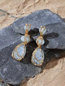 Opalesca Bông tai dáng dài đính đá nhựa phong cách Bohemian mới, bông tai lưới hợp kim nhẹ sang trọng, bông tai hình giọt nước hình học. - màu xanh da trời - Xem 2