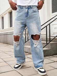 GALLERY FADE Jeans rectos de pierna suelta con efecto desgastado y estampado de copos de nieve, estilo urbano y hip hop - Lavado ligero - Ver 3