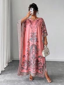 Elenzga Plus Size Batwing Sleeve Round Neck Printed Loose Fit Dress, Suitable For Vacation And Gathering - Watermelon Pink - View 5