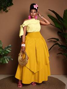 Maweii Plus Size Tie-Front Sleeveless Contrast Color Casual Romantic Dress - Yellow - View 4