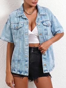KOT YELEK Solid Color Casual Elegant Sexy Denim Pocket Button Front Coat, Suitable For Spring, Autumn, Summer, Relaxed, Sports - Light Wash - View 4
