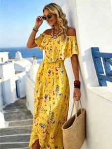 Breezaya Women's Summer French Elegant Breezy Boho Casual Off-Shoulder Asymmetrical Ruffle Waist Slimming Long Yellow Floral Print Vacation Dress Beach - Yellow - View 4