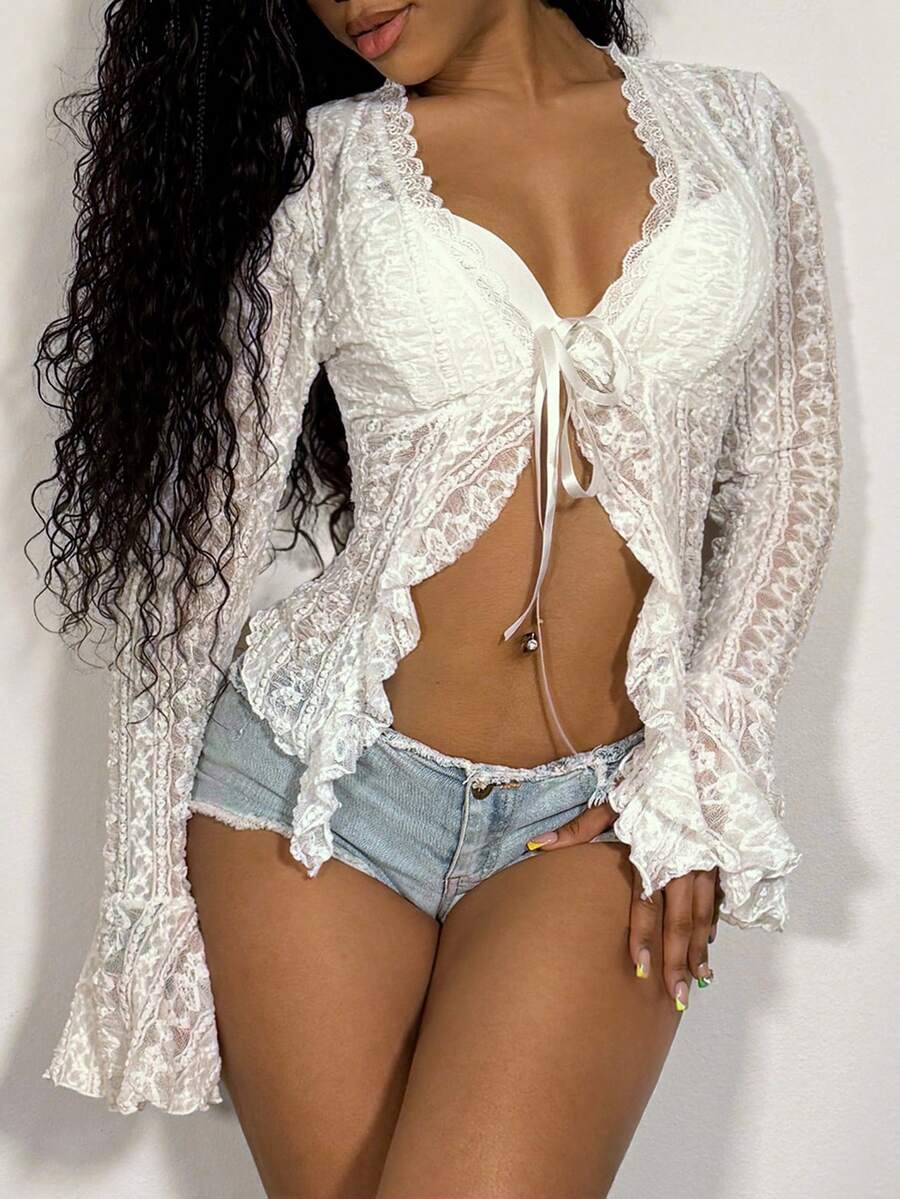 EgrlEra Áo croptop ren buộc dây gợi cảm dành cho nữ, thích hợp cho mùa hè. - màu đen - Xem 1