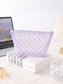 1PC Heart Print Mesh Makeup Bag - Boho Purple Toiletry Cosmetic Purse With Zipper Portable Organizer For Home Office Travel Christmas Gift - Purple - View 12