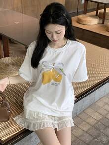 DAZY 女士圆领字母水果印花休闲百搭日常短袖T恤图案T恤女夏季 - 白色 - 查看 8