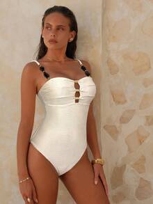 Swim Chiccia 1 buah Baju Renang Terusan Wanita Elegan Warna Polos untuk Liburan Pantai Musim Panas - Krem - View 4